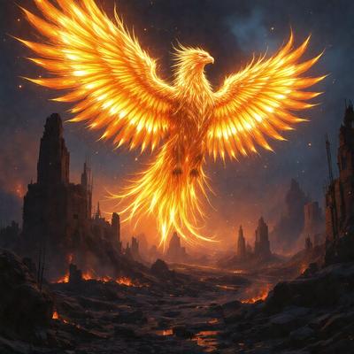 Primary subject: A large, colorful bird with a fiery mane, wings, and tail, standing in a dark, rocky landscape.

Setting/background: The bird is standing in a rocky, dark environment, with a mountainous backdrop.

Visual style: The image is a digital art illustration.

Colors and mood: The bird is predominantly orange and yellow, with a fiery appearance. The overall atmosphere is dramatic and intense.